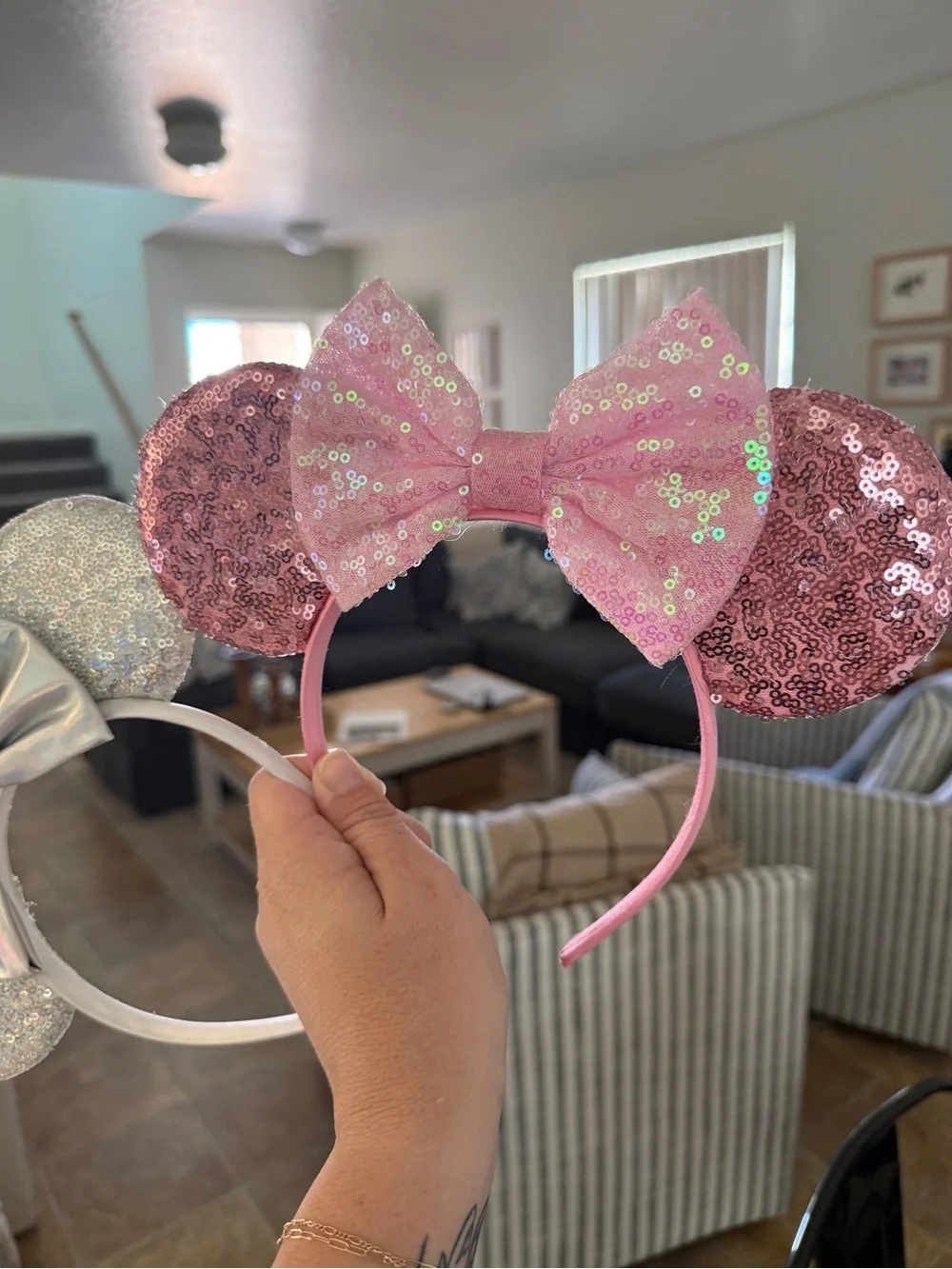 Pink and Silver Sequin Mouse Ear Headbands with Bow - Women's Accessory